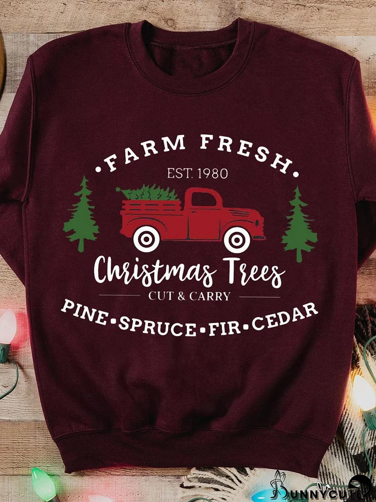 Farm Fresh Red Truck Print Round Neck Long Sleeve Top