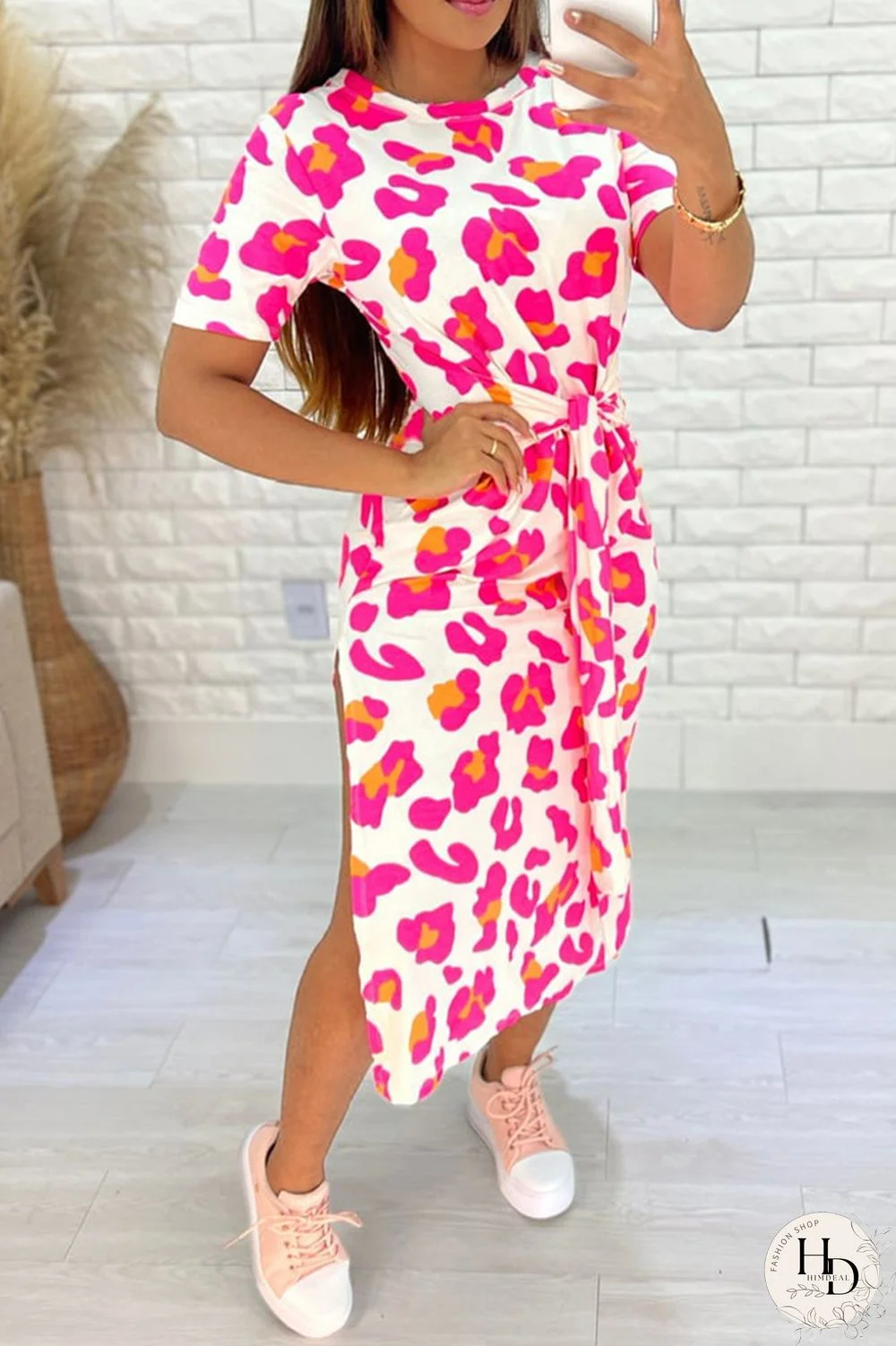 Pink Casual Print Slit O Neck Short Sleeve Dress