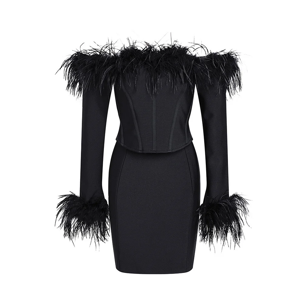 Uveng Uveng Dress 2025 New Shoulder Long-Sleeved Feather Dress For Exclusive