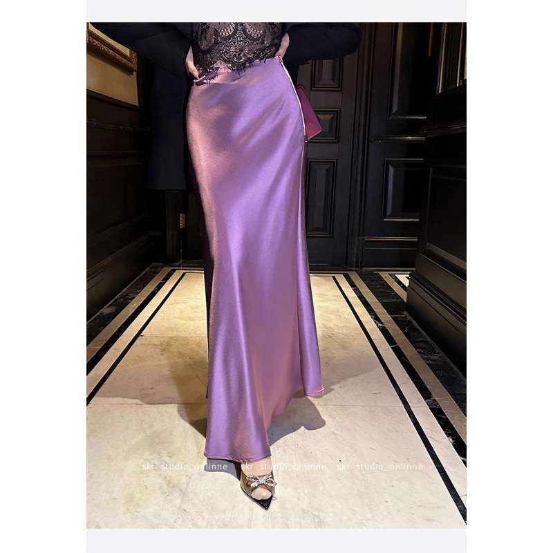 business casual outfits French Ice Silk Mid-Length Satin Skirt Women's 2024 Summer Pear-Shaped High Waist A- line Acetate Fishtail Skirt