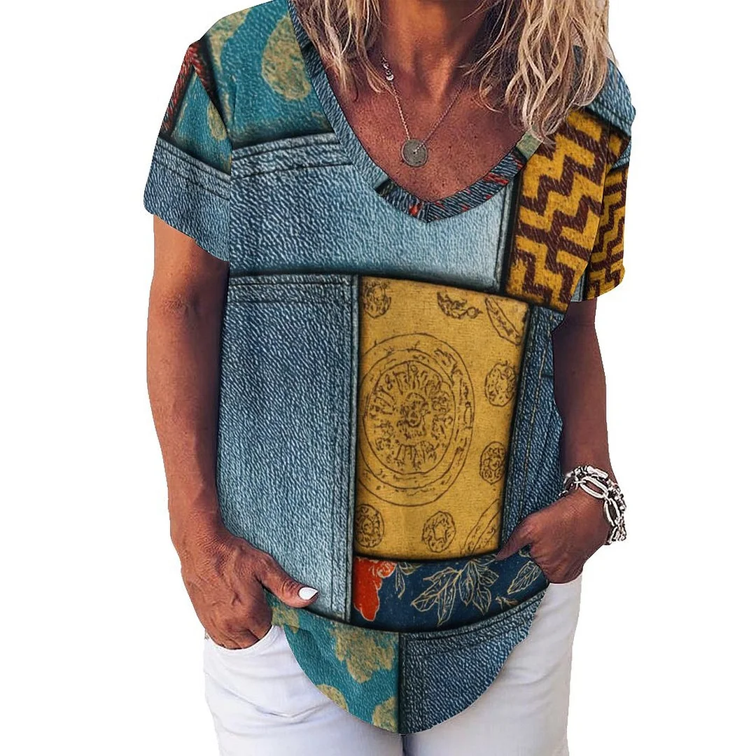 V-neck Short Sleeve Casual T-shirt for  Women Printed with Pattern Patchwork, Denim Blue, Striped