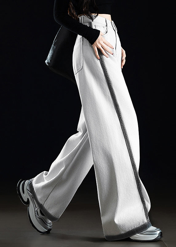 denim wide-leg casual patchwork python pants | wide... Casual Grey White Pockets Patchwork Denim Wide Leg Pants Spring