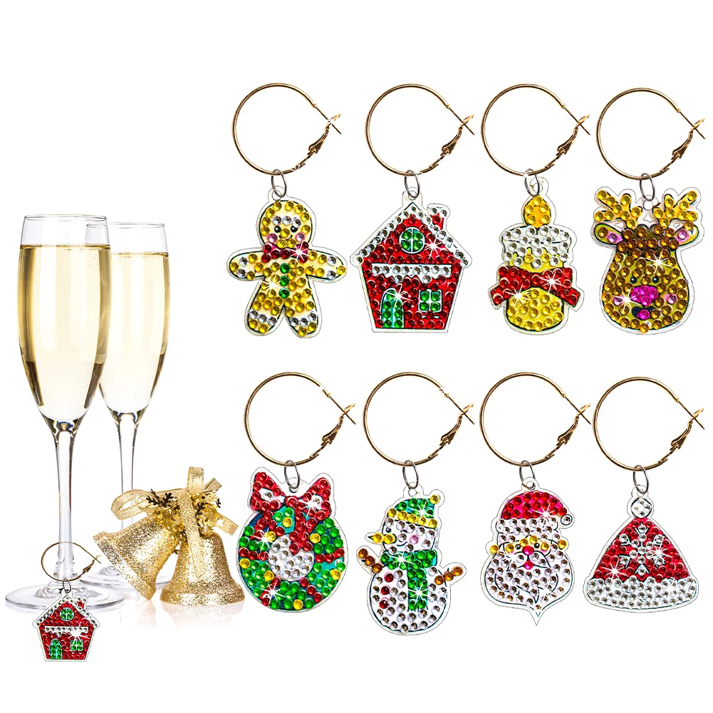 8pcs Diamond Painting Art Pendant Santa Diamond Wine Glass Charms Snowman Wreath