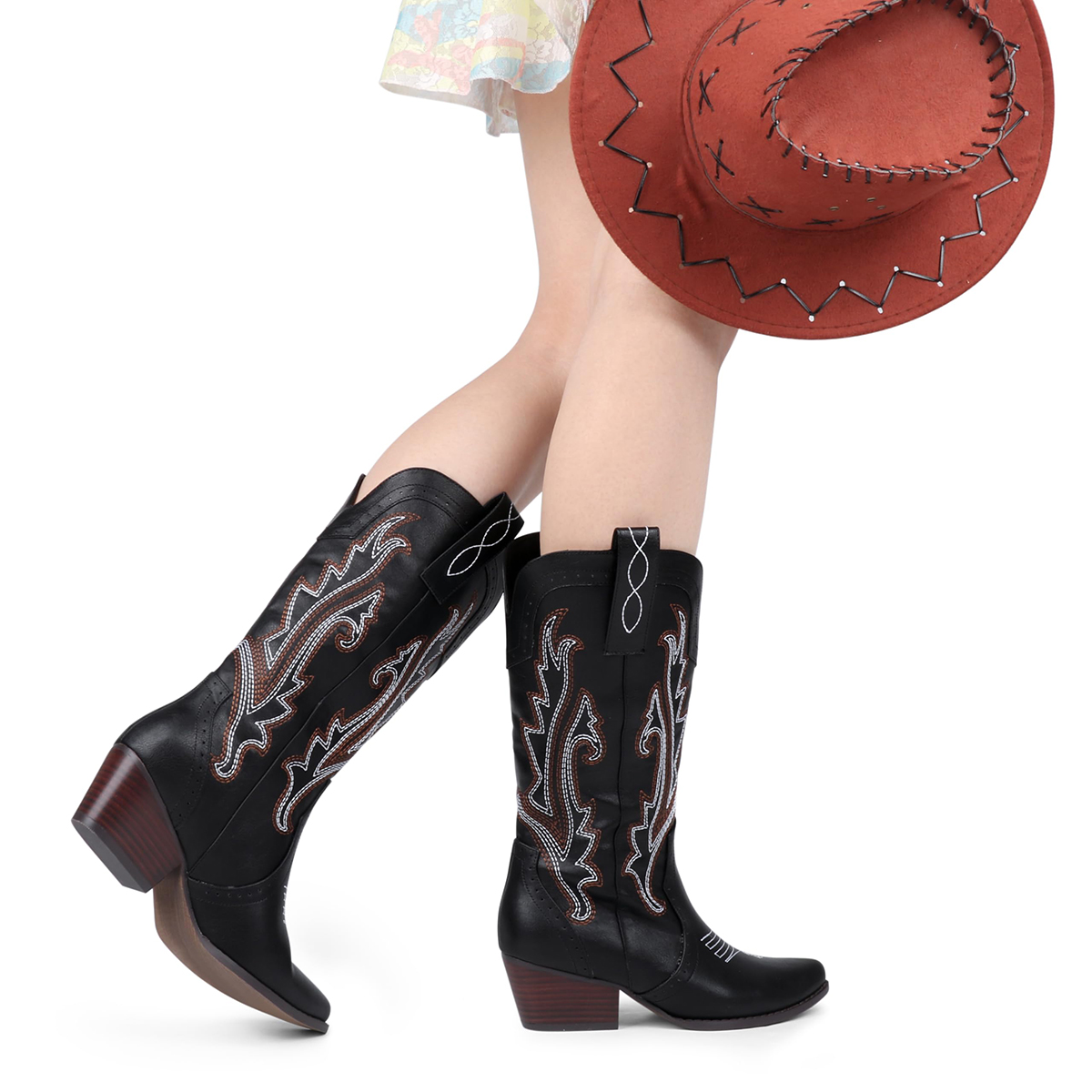 2" Women's Pointed Toe Embroidered Cowboy Boots Vintage Style Western Cowgirl Boots-MERUMOTE