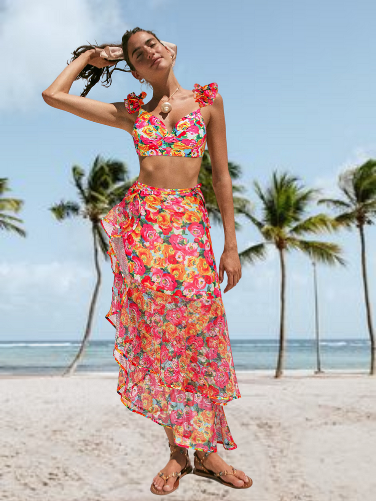 Ruffled Straps Floral Print Bikini Swimsuit and Skirt Flaxmaker