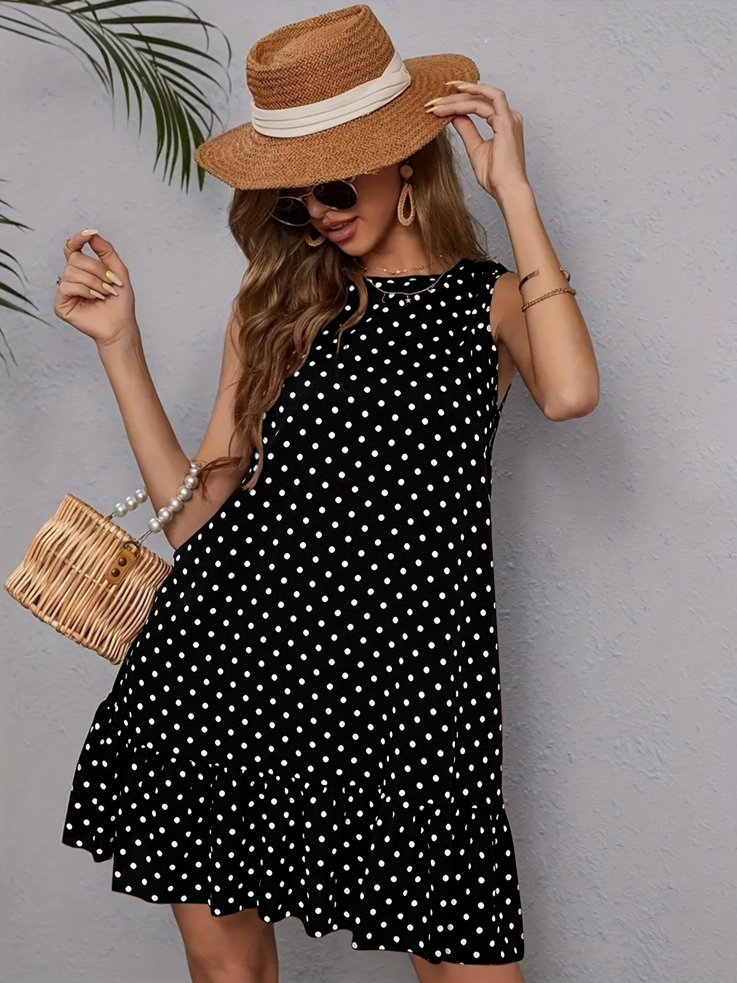 Women's Black Polka Dot Sleeveless Dress - Knee-Length A-Line Casual Summer Dress, Machine Washable & Dry Cleanable, Round Neck Loose Fit For Spring/Summer/Fall, Spring Fashion | Polka Dot Dress | Comfortable Fabric | IFYHOME