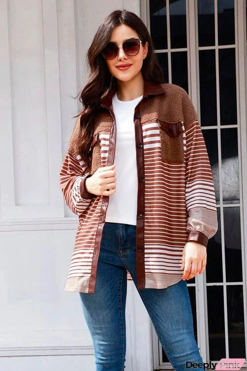 Buttoned Striped Collared Neck Jacket