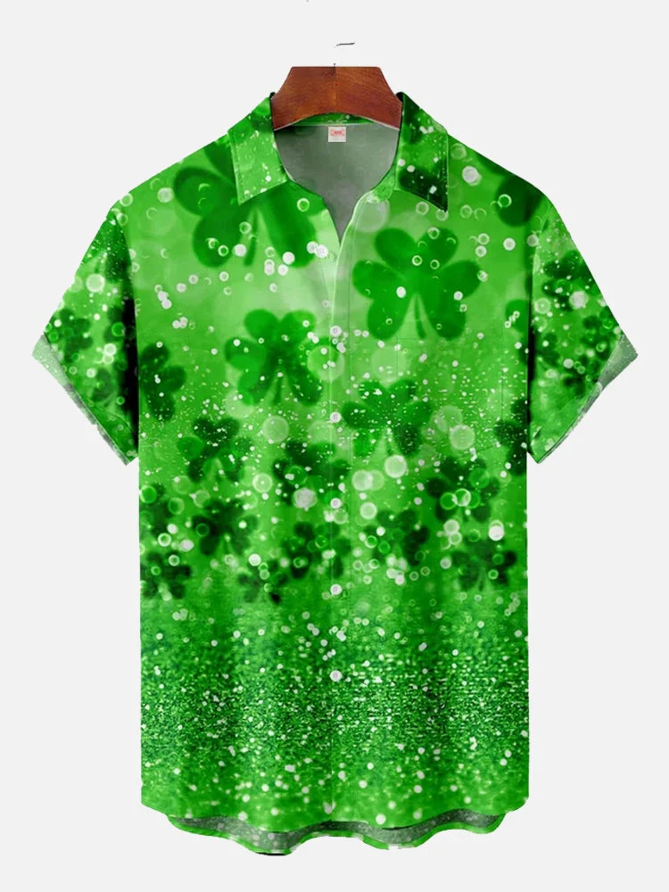 Full-Print Green St. Patricks Day Lucky Four-Leaf Clover Printing Short Sleeve Shirt