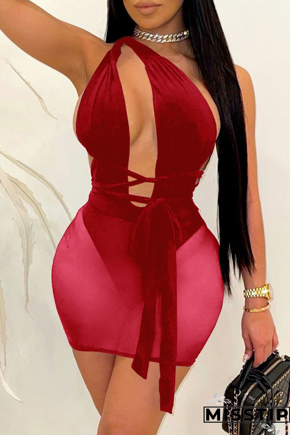 Khaki Fashion Sexy Patchwork Bandage Hollowed Out Backless One Shoulder Sleeveless Dress