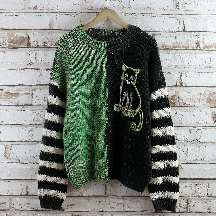 Vintage Cat Embroidered Contrast Color Cozy Knitted Sweater