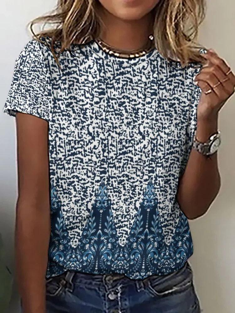 Printed Short Sleeve Casual T-shirt for  Women and Men Unisex Pattern Graphic, Blue, Gray