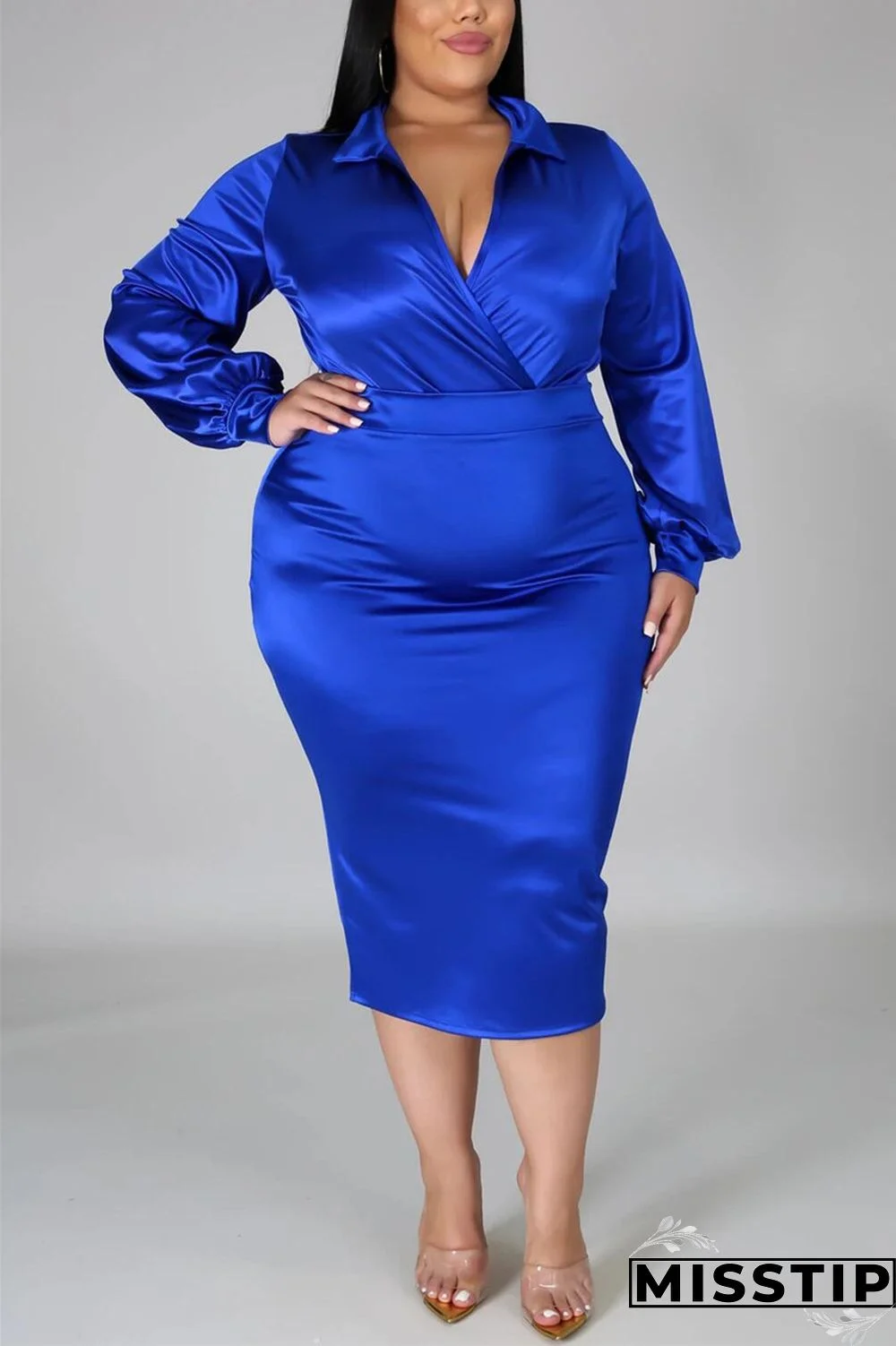 Blue Fashion Sexy Solid Basic Turndown Collar Plus Size Set