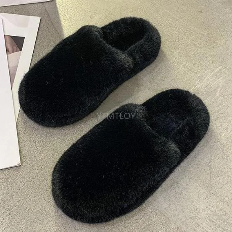 Winter Women House Zapatillas Mujer Casa Furry Slippers Fashion Faux Fur Warm Shoes Slip on Flats Female Slides Black Plush