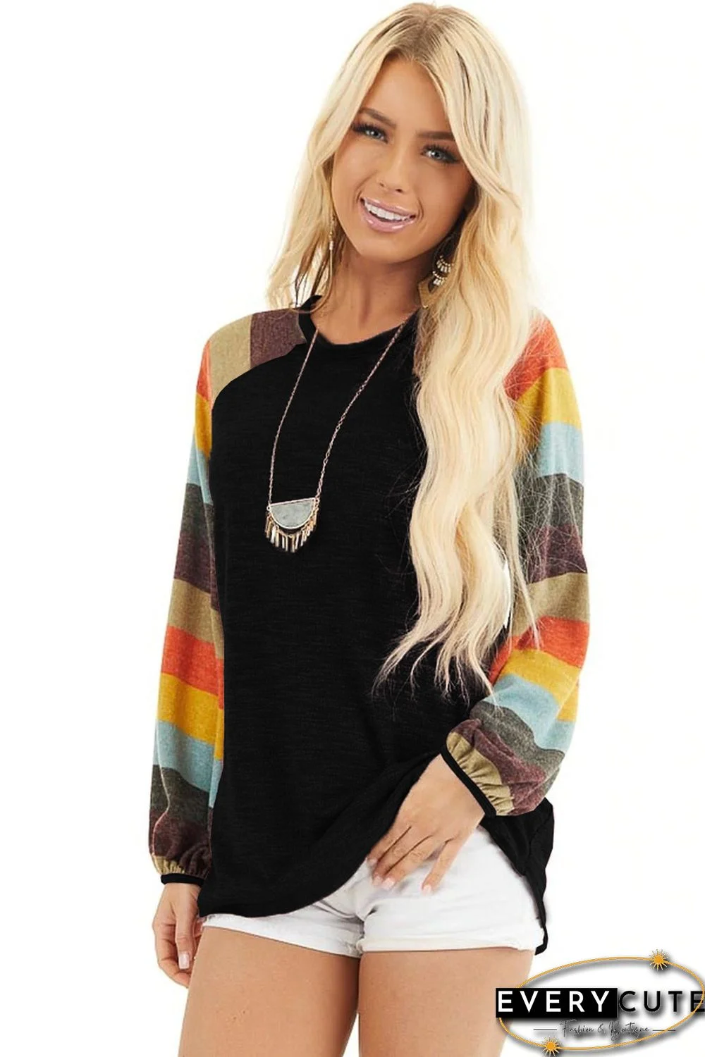 Multicolor Striped Balloon Sleeves Black Knit Top