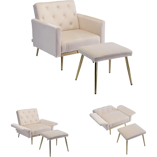 Accent Chair, Modern Side Chair with Adjustable Armrests & Backrest, Button Tufted Lounge Chair with Ottoman, Velvet Single Recliner Armchair for Living Room, Bedroom
