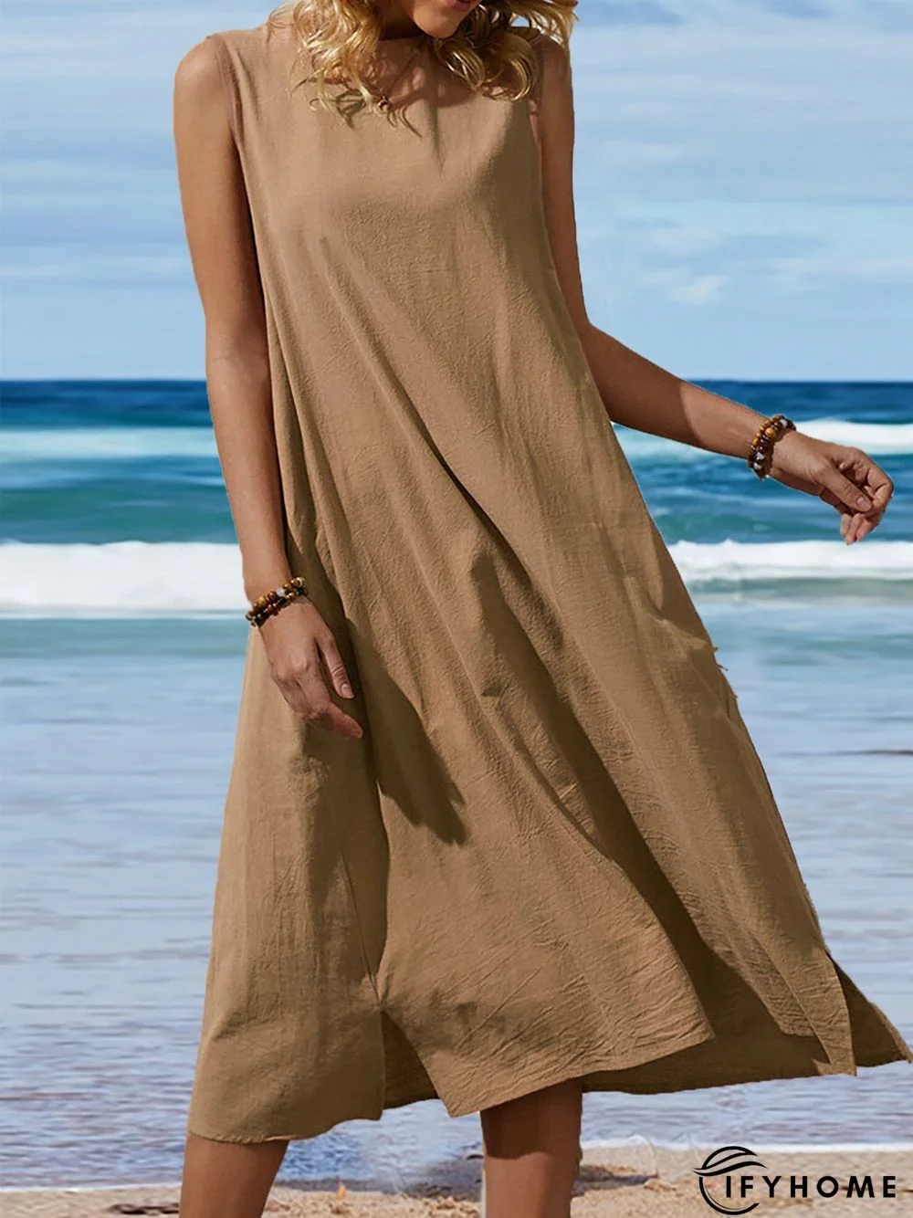 Loose Button Sleeveless Crew Neck Solid Color Vintage Dress | IFYHOME