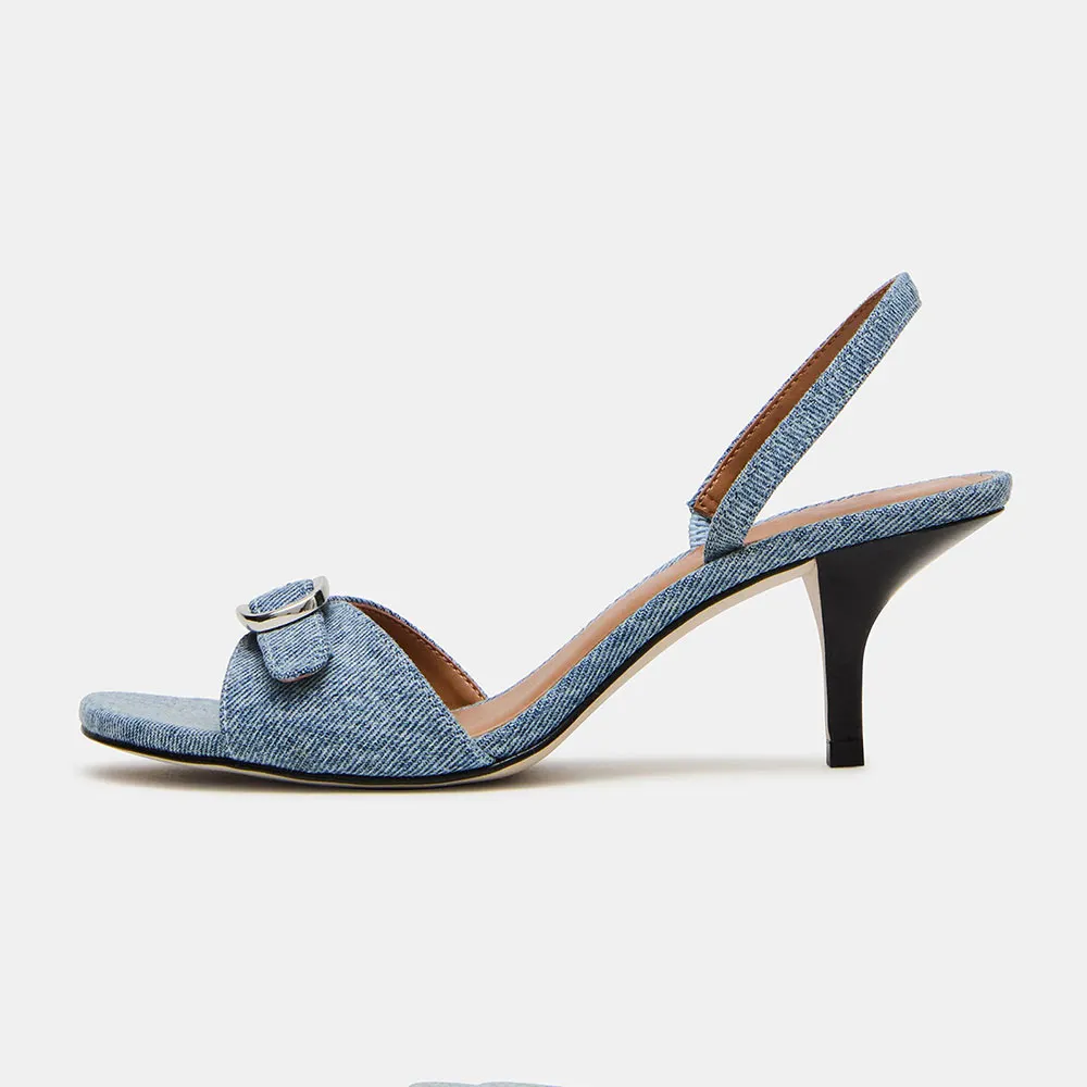 Blue Denim Open Toe Buckle Stiletto Heel Slingback Summer Sandals