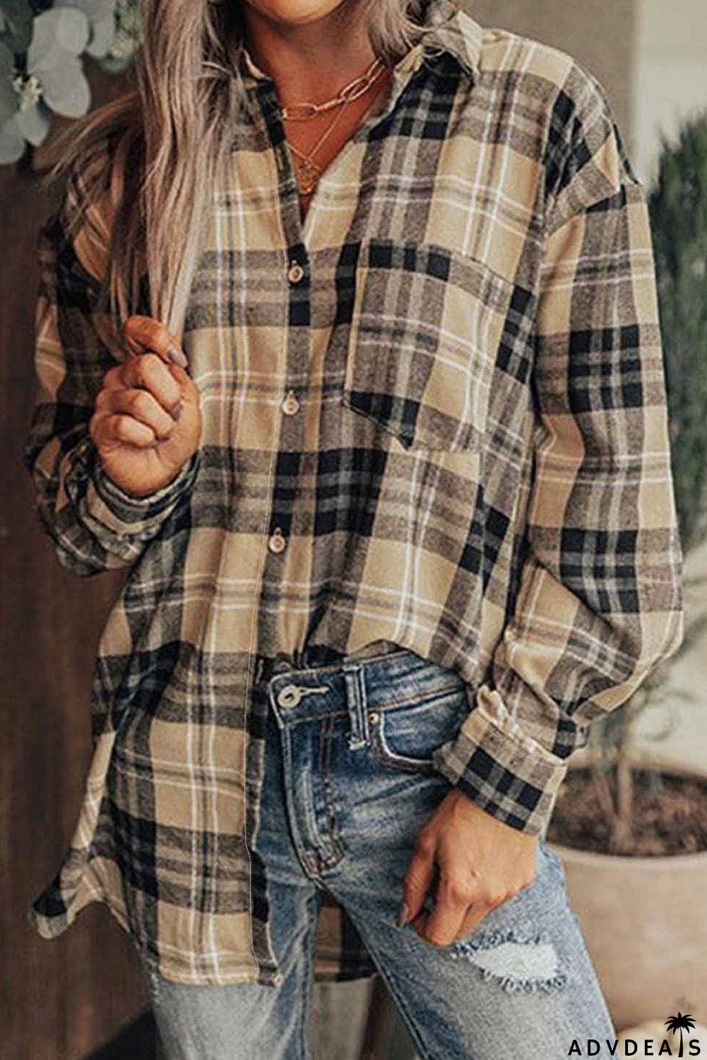 Plaid Pocket Buttoned Long Sleeve Shirt