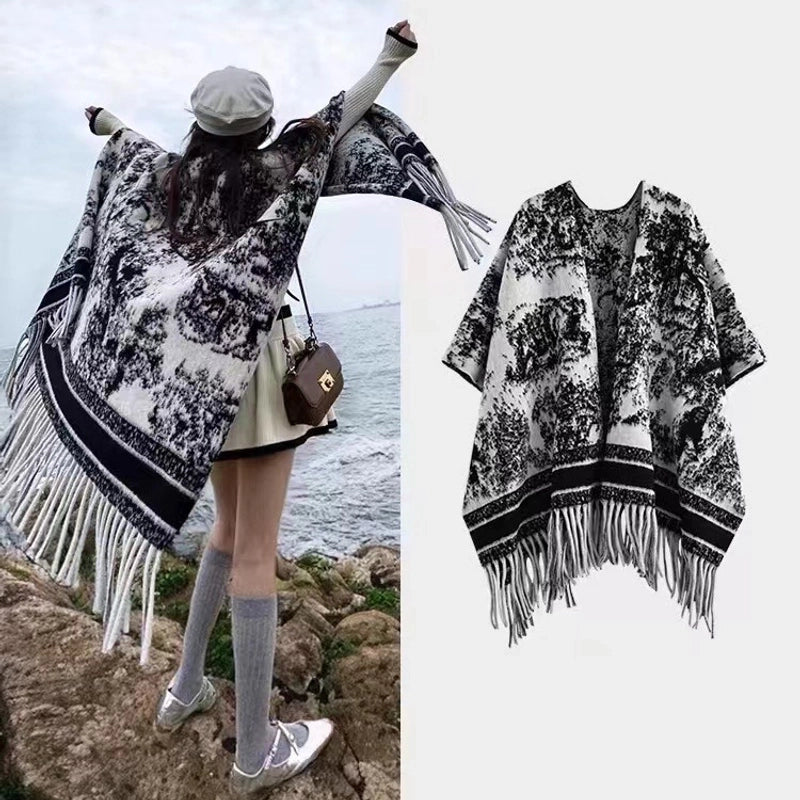 Yunnan Lijiang Travel Outside Knitted Shawl Ethnic Style Vintage Cape Cloak Tassel Scarf For Vacation Wear
