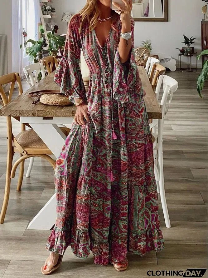 Women Fashion Casual Bohemian Tiny Flower Print V-Neck Horn Sleeve Maxi Dress