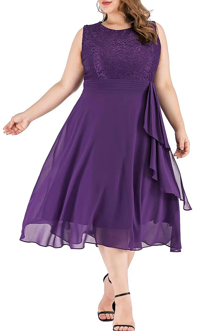Flycurvy Plus Size Formal Purple Chiffon Lace Ruffled Sleeveless Tunic Tea-Length Dress  Flycurvy [product_label]