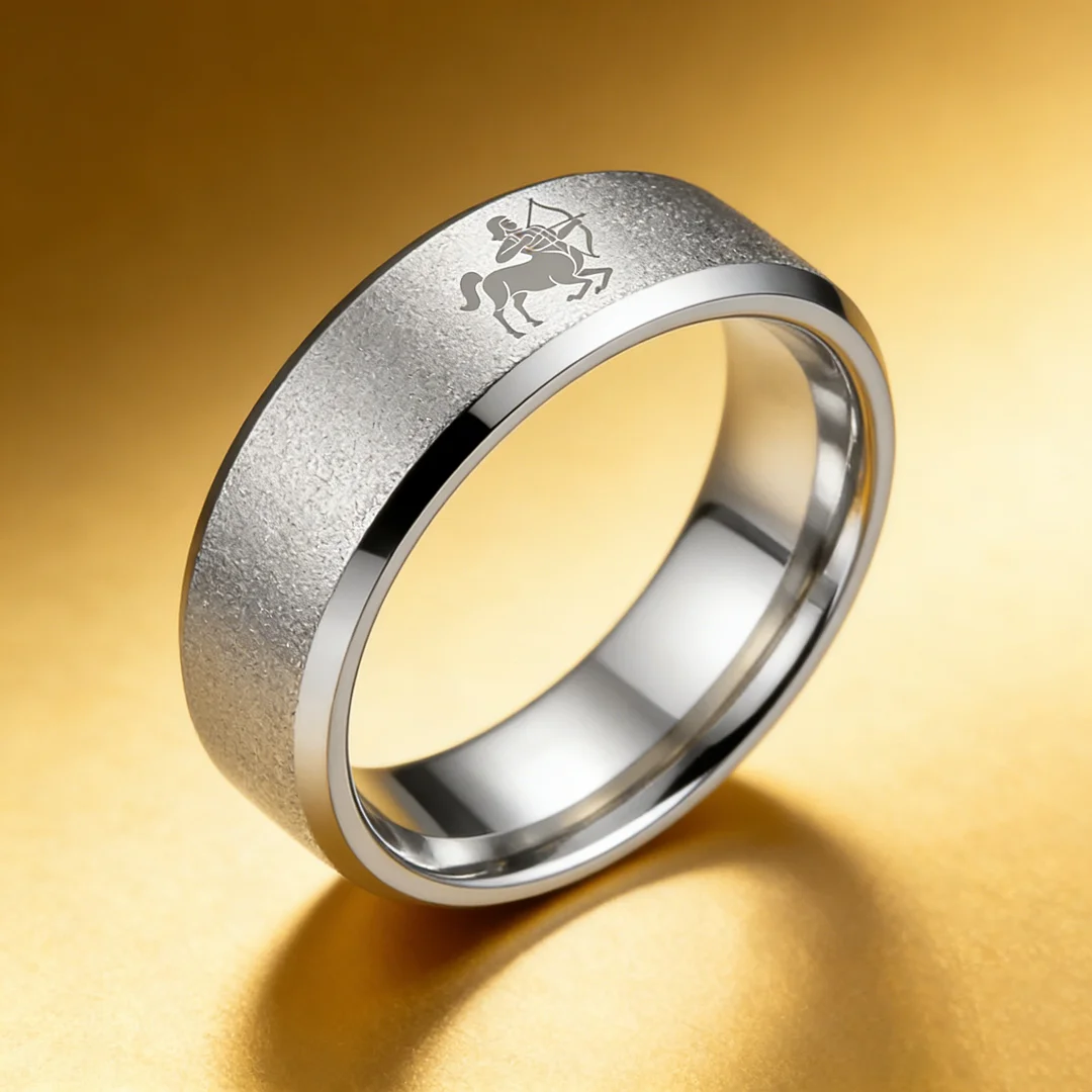 Sliver Sagittarius Couple Wedding Bands Beveled Edges Sliver Laser Etched Tungsten Carbide Ring 4MM 6MM 8MM