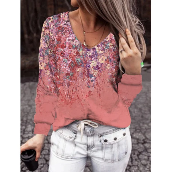 Spring and Autumn New Fashion Women's V-neck Flowers Printed Loose Casual Long Sleeve T-shirt Casual Plus Size Long Sleeve Top Soft and Comfortable Thin Shirt S-5XL