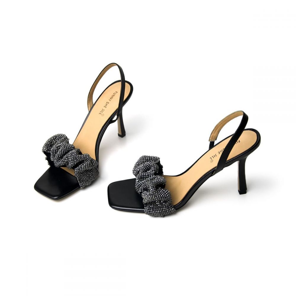 Leather Square Toe Rhinestone 3 Inch Stiletto Heeled Sandals Nicepairs