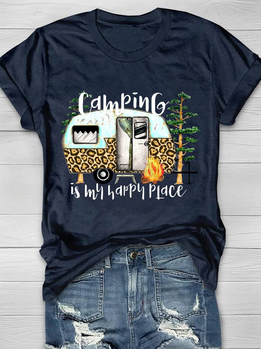 Camping Is Happy Piace Printed Short Sleeve T-Shirt