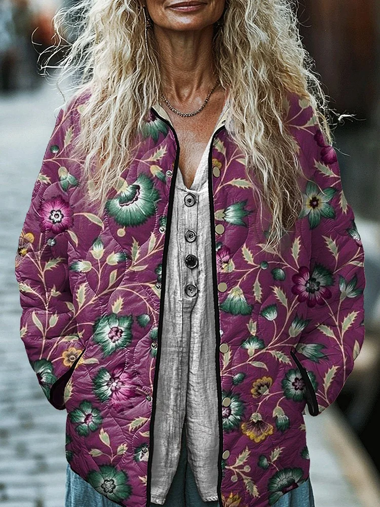 Vintage Embroidery Texture Floral Pattern Printed Women's Casual Quilted Jacket