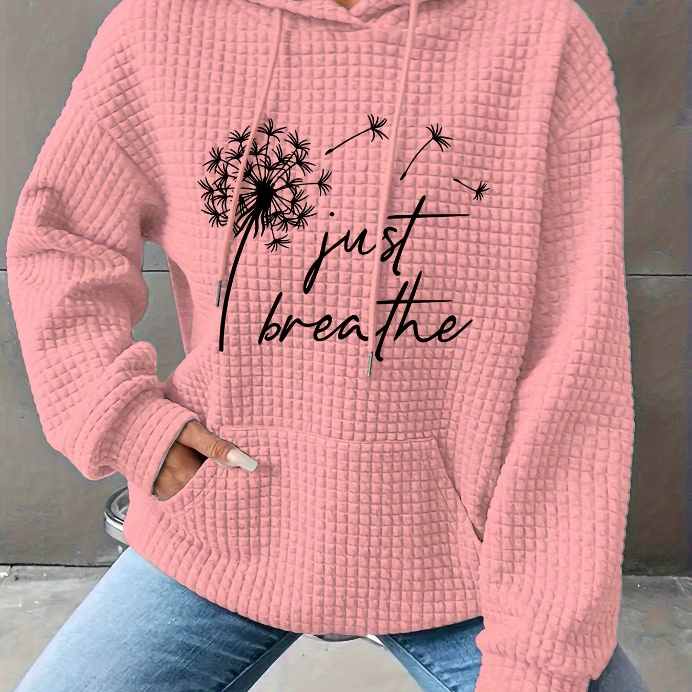 Women’s Elegant Dandelion Floral Hooded Sweatshirt – 3D Houndstooth Texture, Long Sleeve Pullover with Pockets