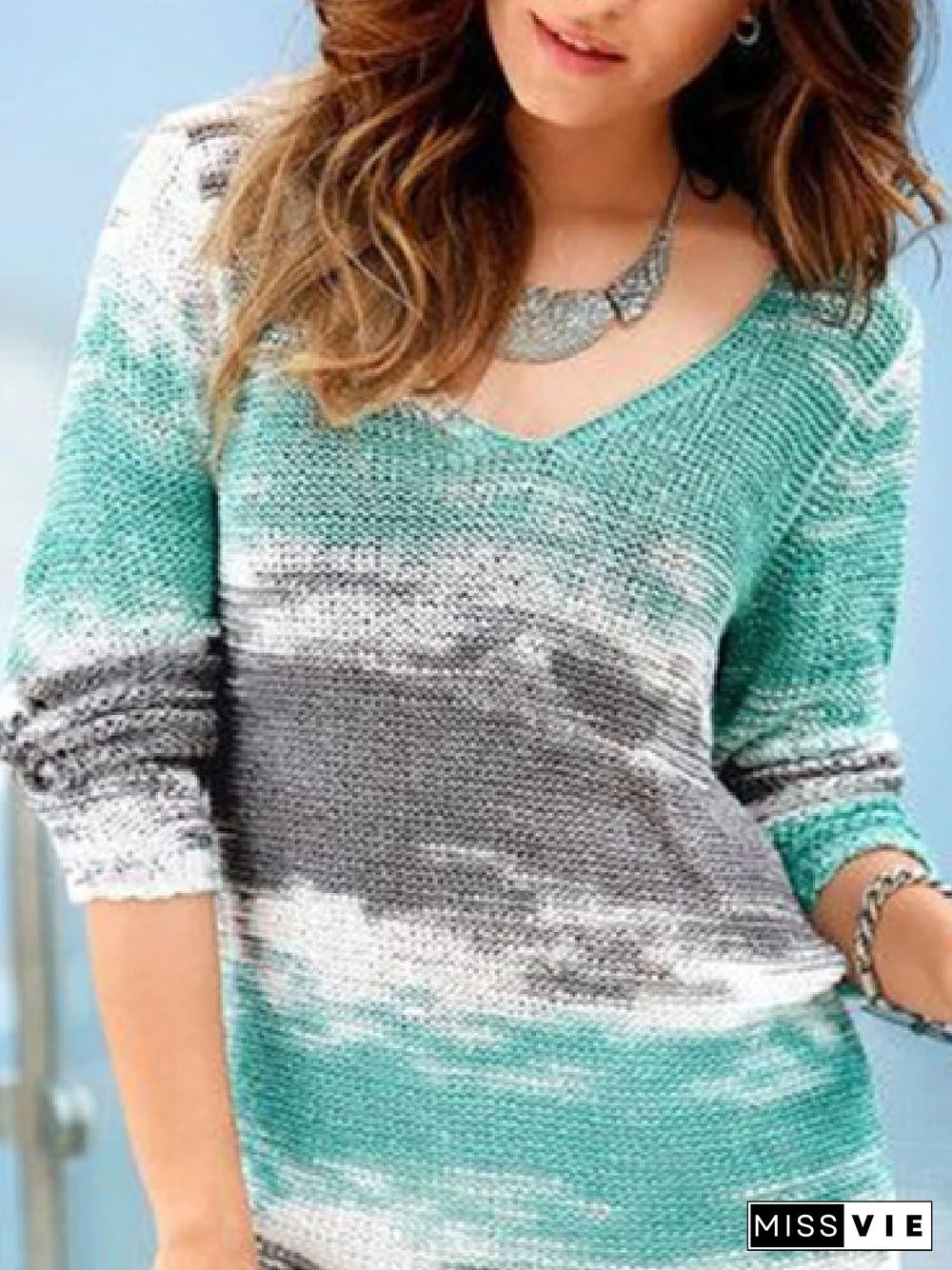 Casual Ombre V neck Long Sleeve Loose Sweater