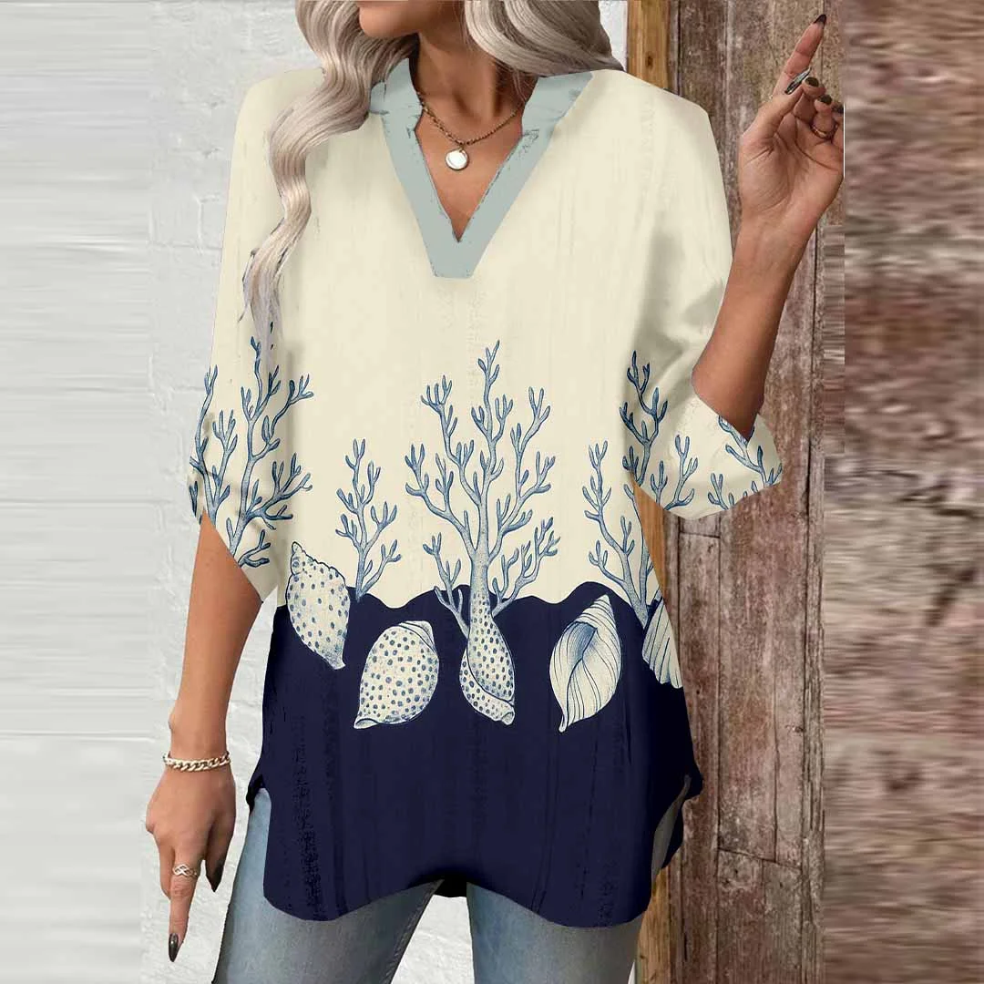 Women Ocean, Blue DZGA0200 3/4 Sleeve V-neck Printed Graphic Button Tops