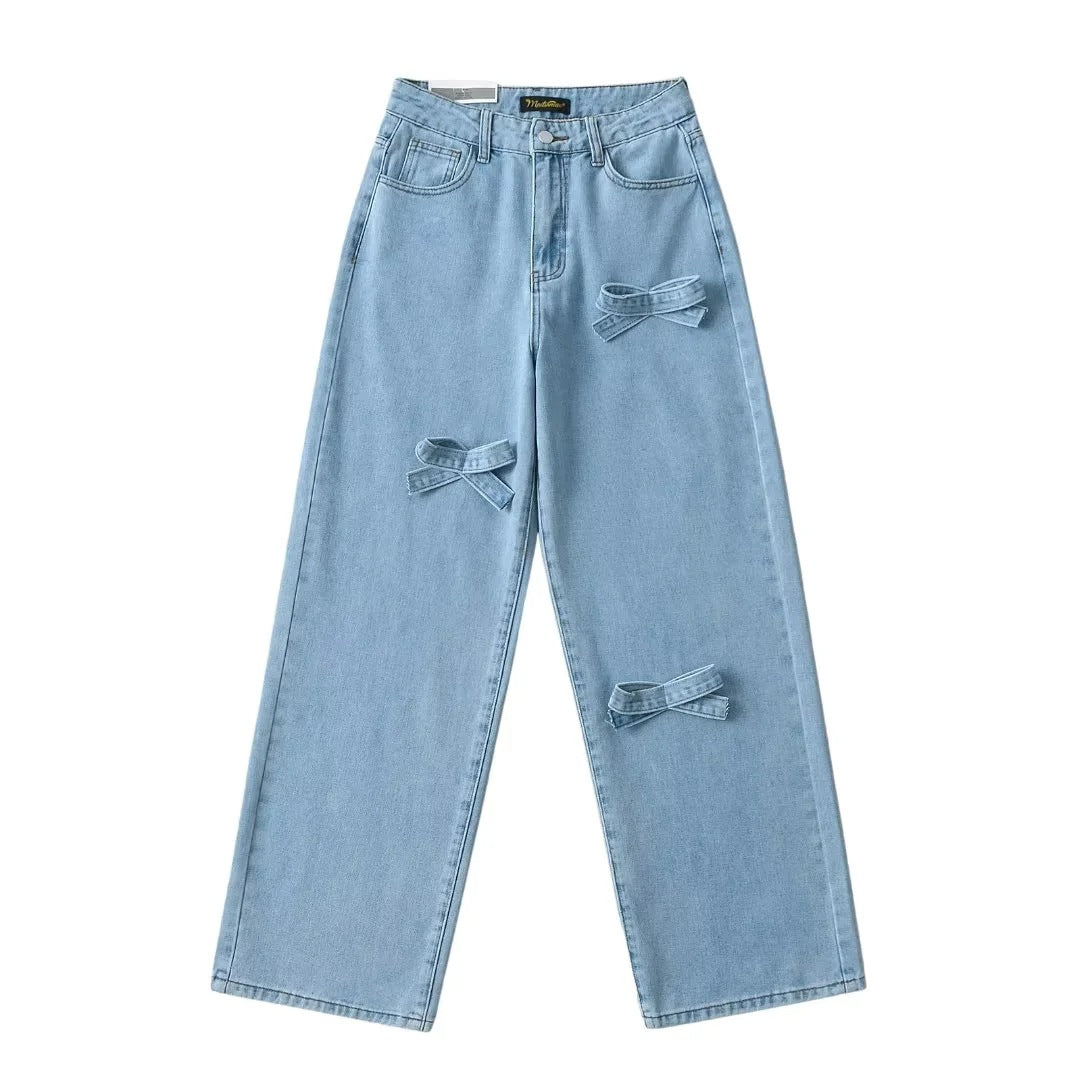 Aiertu y2k outfits Bow Straight Jeans Loose Comfortable Slimming Personality Trendy Trousers aiertu