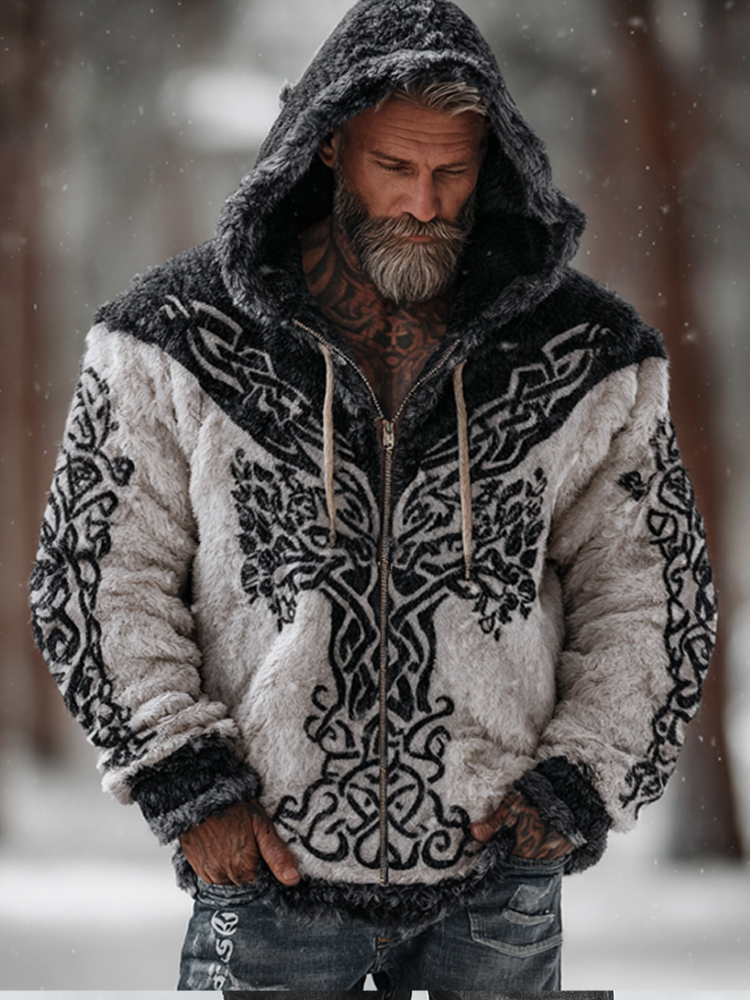 Men's Viking Style Life Tree Celtic Knot Fleece Contrast Color Hoodie Sweatshirt elevenforest