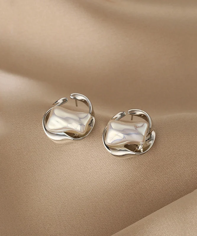 Beautiful Silk Copper Pearl Geometry Hoop Earrings