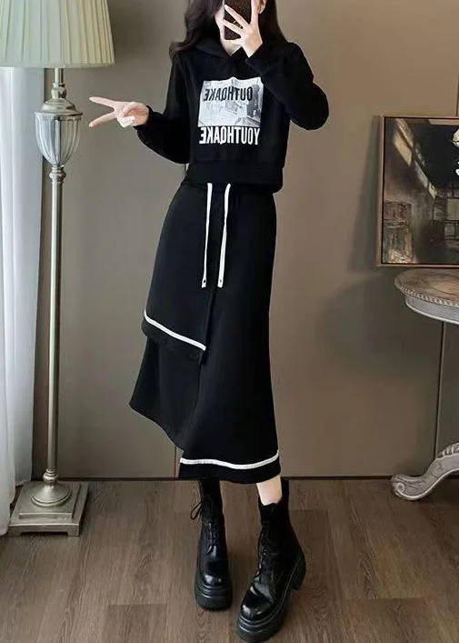 Women Black Hooded Sweatshirt And Skirts Cotton Two Piece Set Spring