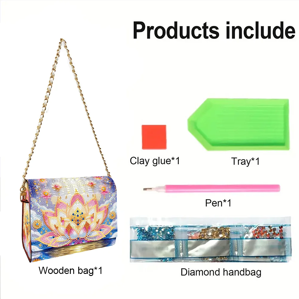DIY Lotus Diamond Art Wooden Coin Pouch with Chain 5D Diamond Painting Purse
