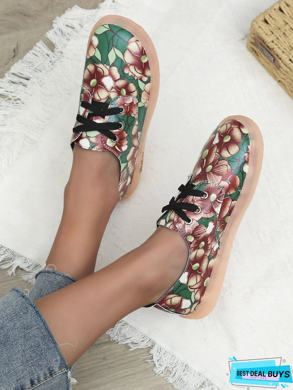 Floral Pattern  Lace-up Front Flat Shoes