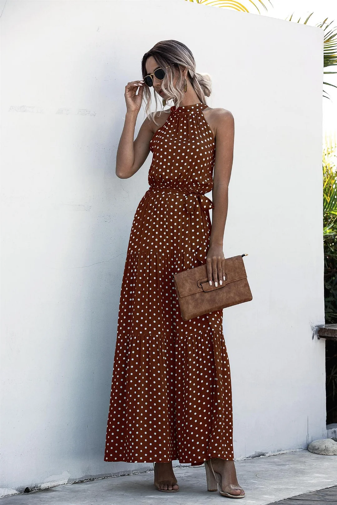 Brownm Dot Printed Lace Up Halter Tied Long Dress