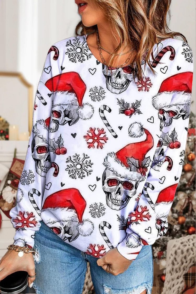 Women's Christmas Skull Printed Long Sleeve Round Neck Sweatshirt