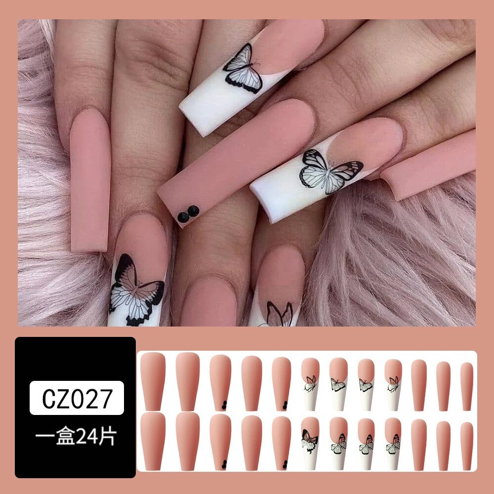 Coffin Fake Nails 24Pcs False Nails Black Pink Butterfly Pattern for Girl Wearable Full Cover Press on Nail Tips Free Shipping