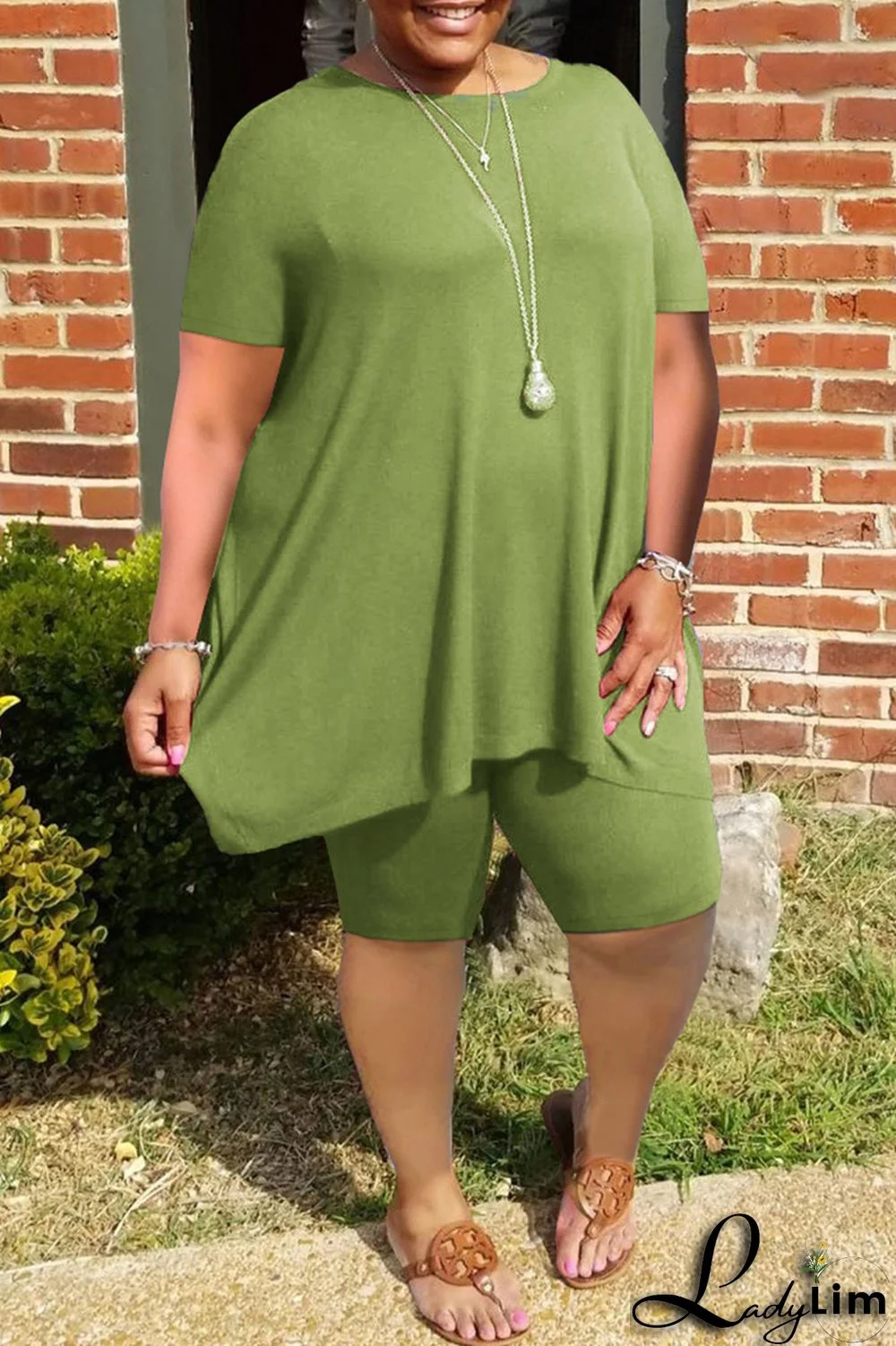 Grey Fashion Casual Solid Basic O Neck Plus Size Two Pieces