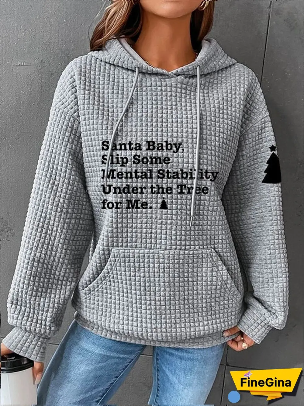 Under The Tree For Health Printed Waffle Hooded Sweatshirt-Womens Christmas Santa Baby