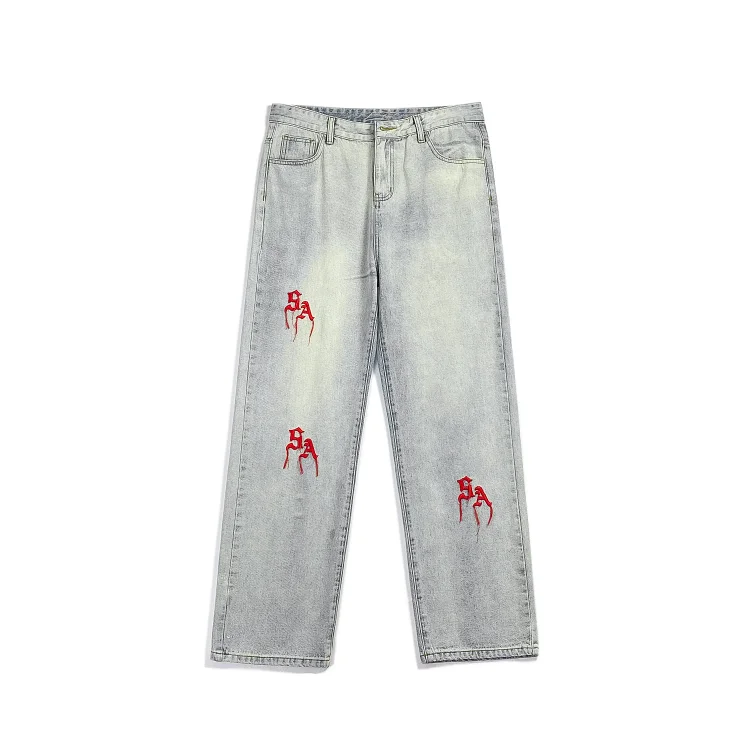 Street Style Red Embroidered Letter Loose Jeans