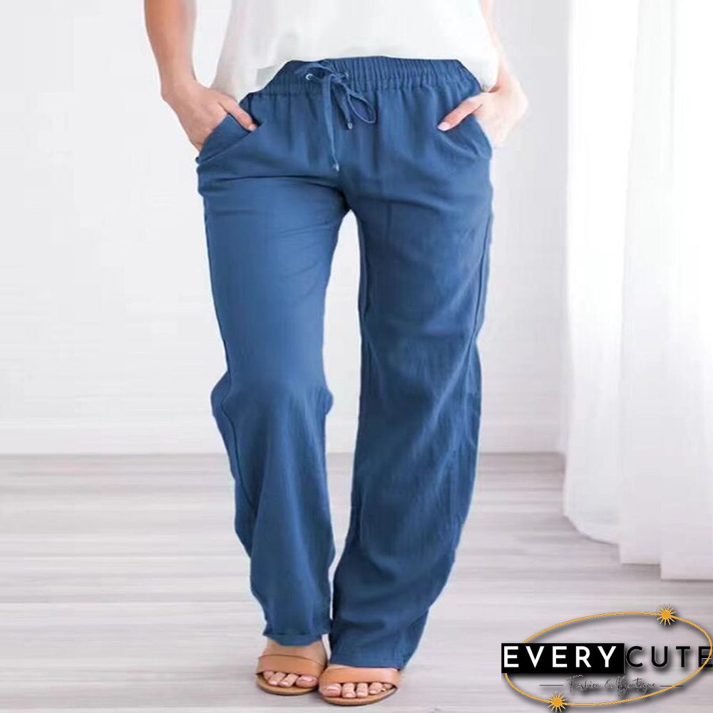 Summer Women's Cotton Linen Drawstring Loose Wide-Leg Pants Hot Sale Long Trousers With Pocket