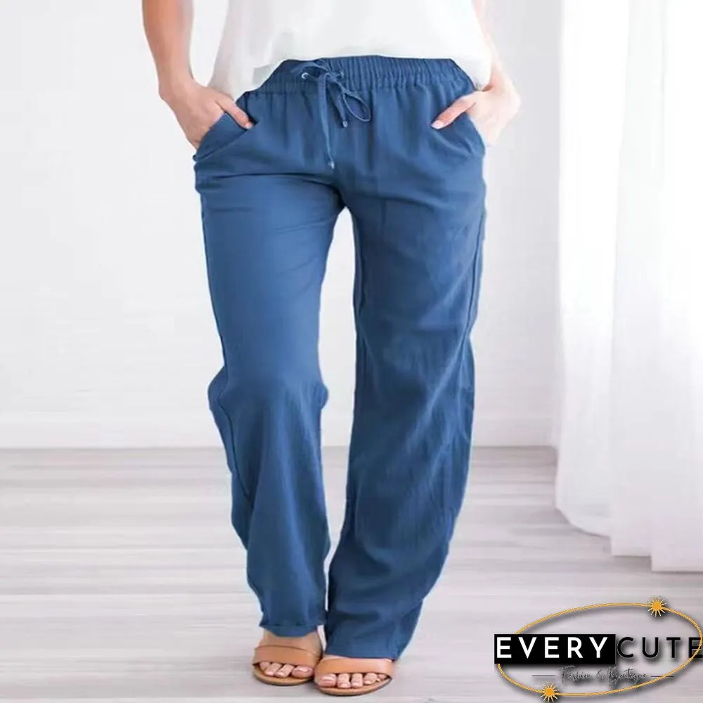 Summer Women's Cotton Linen Drawstring Loose Wide-Leg Pants Hot Sale Long Trousers With Pocket