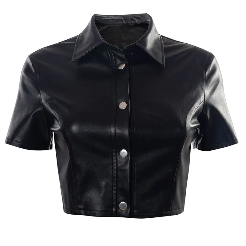 BOOFEENAA Black PU Leather Button Up Short Sleeve Crop Top T Shirt Women Fashion 2021 Streetwear Vintage Clothes C85-CZ15