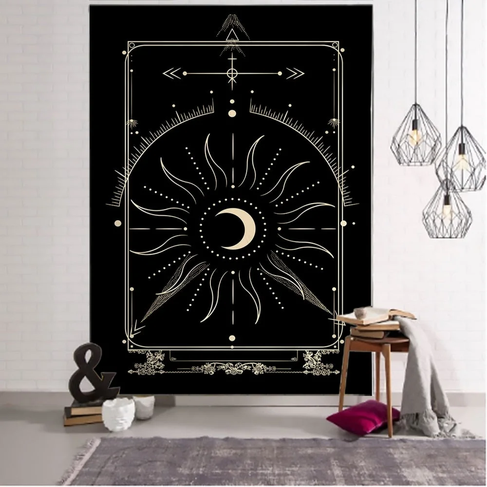Golden Black Sun Moon Tarot Mandala Tapestry Wall Hanging Witchcraft Hippie Wall Carpets Dorm Decor Psychedelic Tapestry