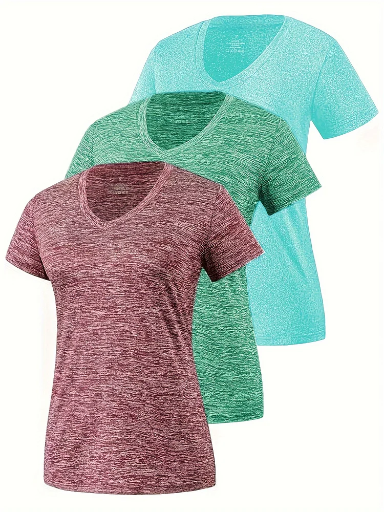 3pcs Moisture-Wicking Quick-Dry V-Neck T-Shirts | Breathable Summer Casual Tees With Subtle Sparkle, Solid Colors, Machine Washable, Sportswear, Smooth Texture
